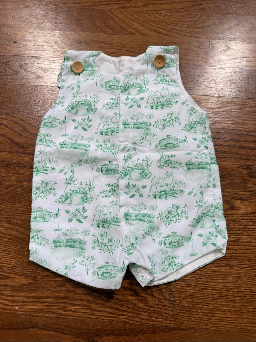 Augusta National Green Toile Baby Romper with Wooden Buttons